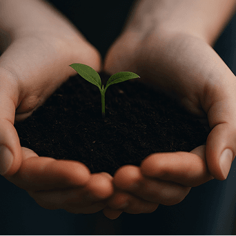 Hands holding a seedling